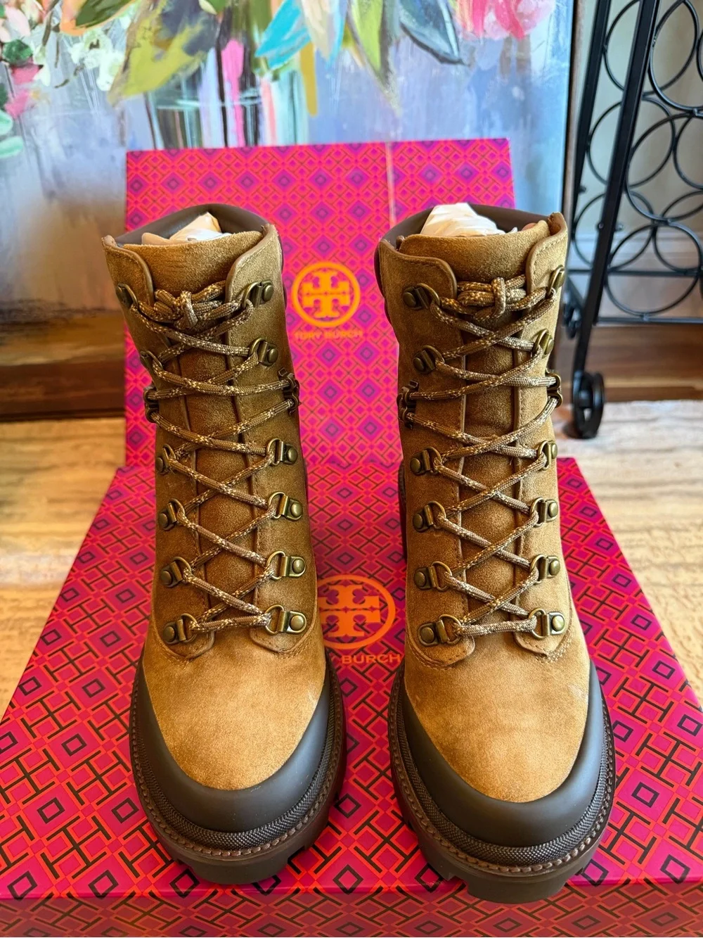 Tory Burch Suede Lug Sole Lace-Up Hiker Ankle Boots